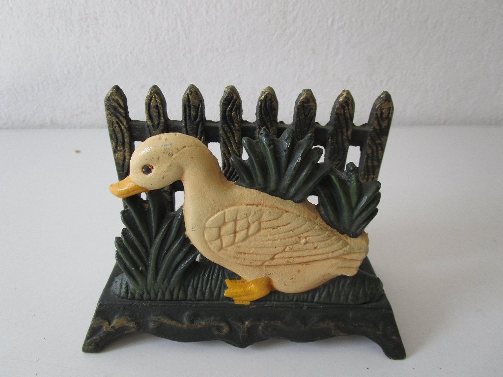 Gietijzeren servethouder (eend voor hekje), Ophalen of Verzenden, Gebruikt, Groen, Metaal