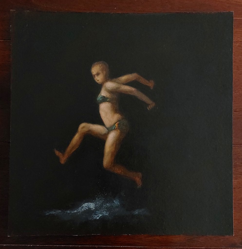 Schilderijtje van Springende Vrouw in het Water - Olieverf, Paneel, Portret of Personen, Realistisch, Ophalen of Verzenden