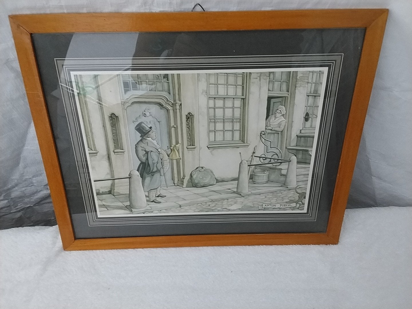 Anton Pieck Prent: Man voor de deur, Ophalen of Verzenden, Print, Prent, Ingelijst