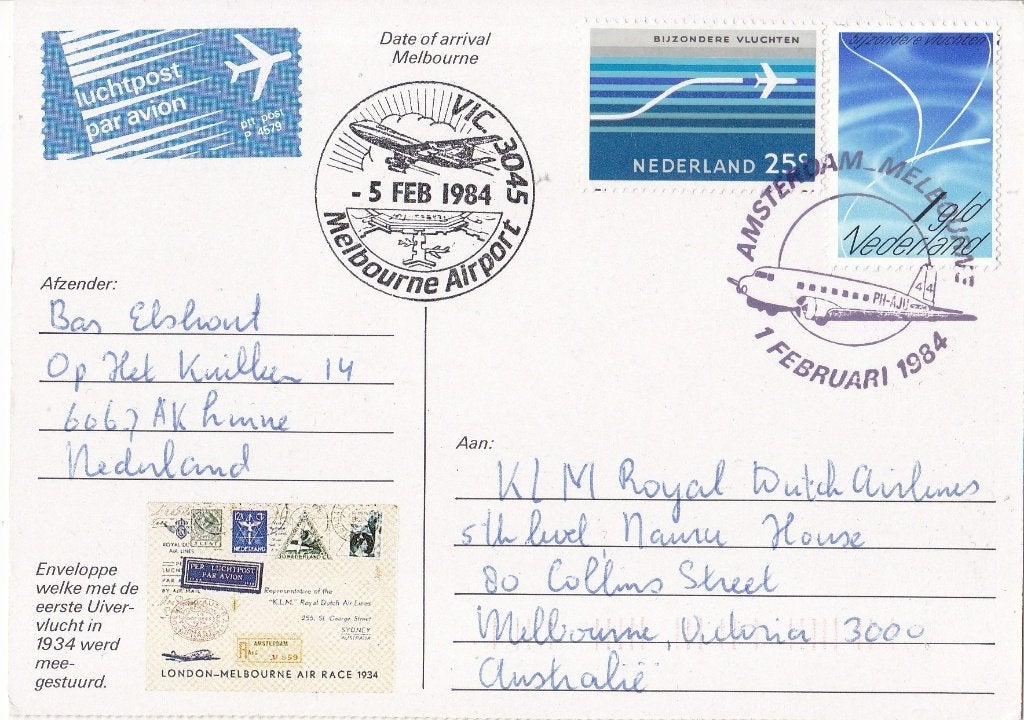 Amsterdam-Melbourne – Uivervlucht - 1 – 5 februari 1984, Postzegels en Munten, Ophalen of Verzenden, Overige typen