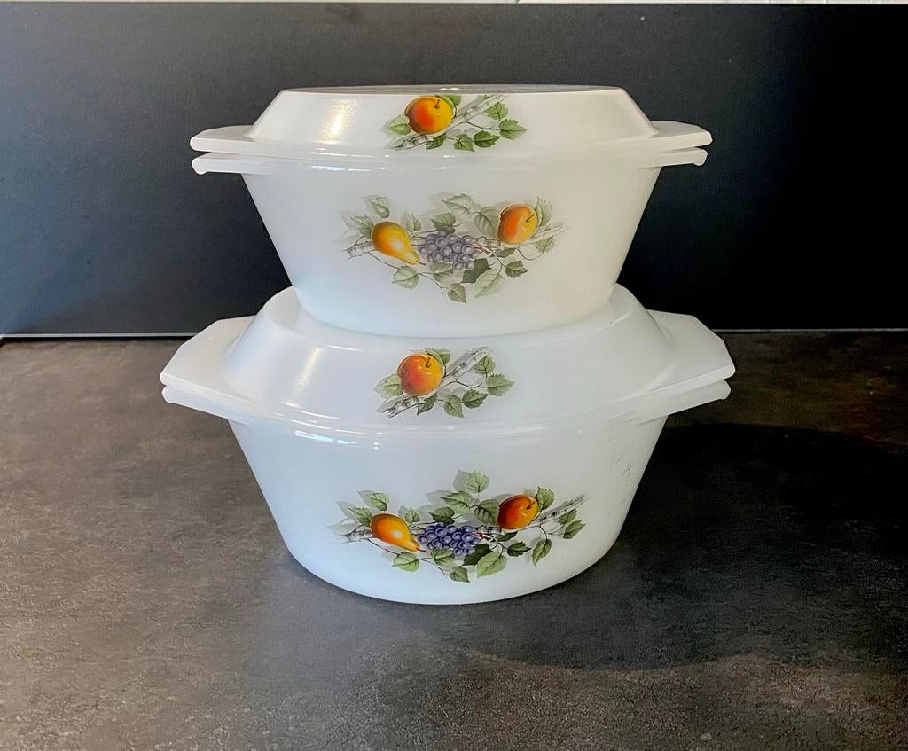 Vintage arcopal ovenschalen set met fruitdecor, Huis en Inrichting, Keuken | Potten en Pannen, Glas, Ophalen of Verzenden