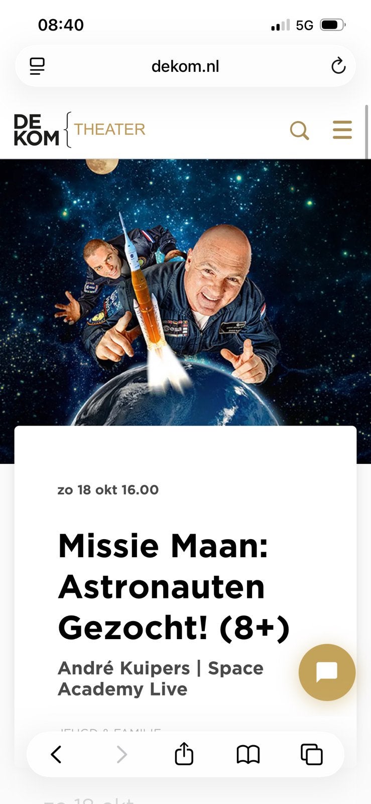 Tickets voorstelling Andre Kuipers missie Maan, Nieuwegein, Tickets en Kaartjes, Theater | Musical, Drie personen of meer, Oktober