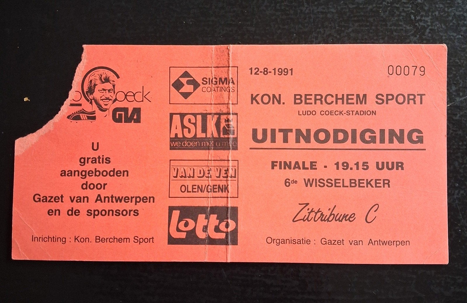België. Ticket Kon. Berchem Sport Finale 12-8-1991., Ophalen of Verzenden, Gebruikt, Buitenlandse clubs