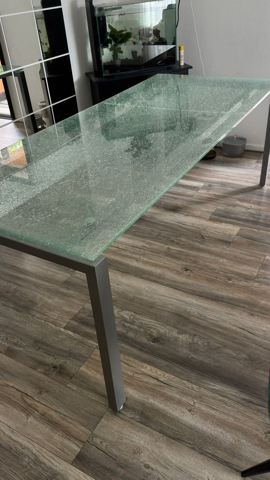 Glazen eettafel met metalen onderstel (210 cm), Ophalen, Gebruikt, 200 cm of meer, 50 tot 100 cm