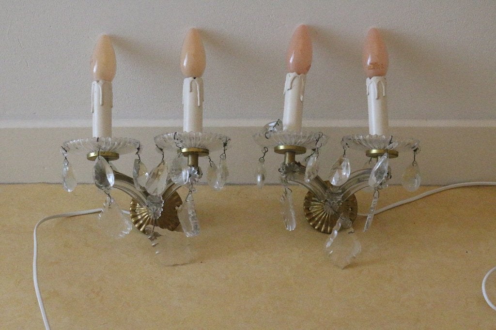 vintage kristallen wandlampjes (set van twee), Gebruikt, Klassiek, E14 (klein), Ophalen of Verzenden