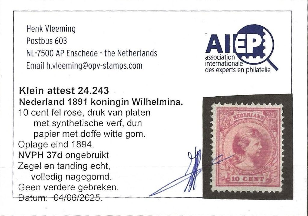 Nederland - NVPH 37d* [1891] - klein attest Henk Vleeming -, Postzegels en Munten, Postzegels | Nederland, Ophalen of Verzenden