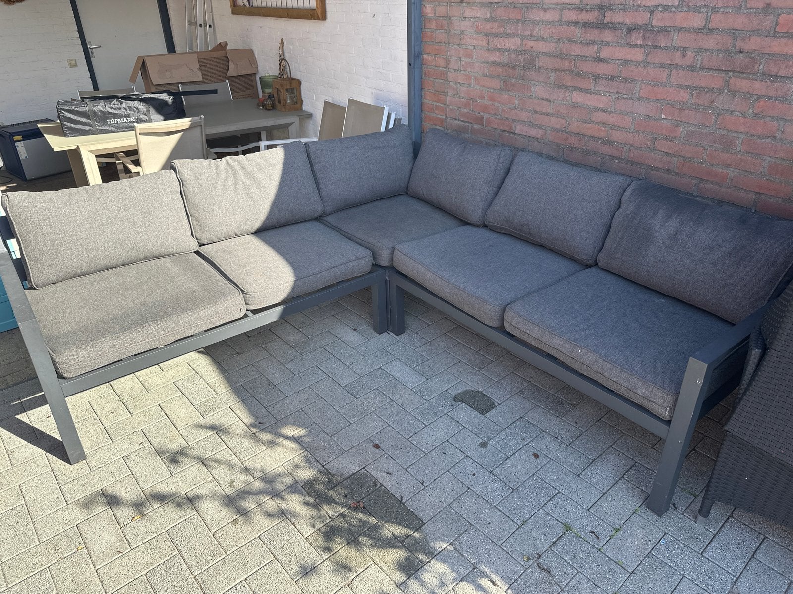 Moderne aluminium loungeset met grijze kussens, Tuin en Terras, Gebruikt, Meer dan 8 zitplaatsen, Aluminium, Ophalen of Verzenden