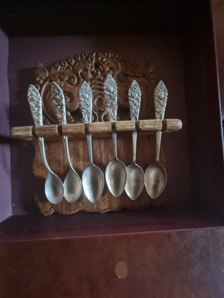Set van 6 zilveren lepels met houten houder, l, Antiek en Kunst, Antiek | Goud en Zilver, Ophalen of Verzenden, Zilver