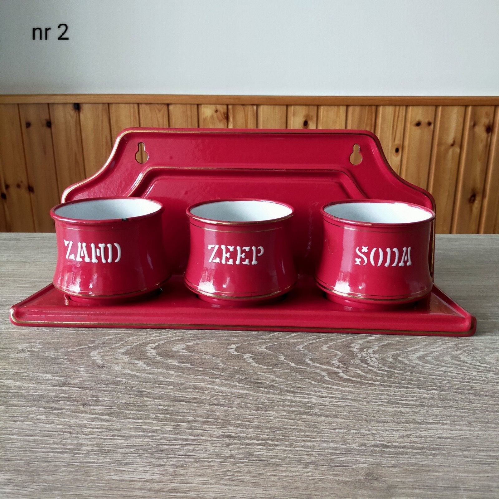 EMAILLE ROOD ZAND ZEEP EN SODA MET REKJE VAN BK., Ophalen of Verzenden