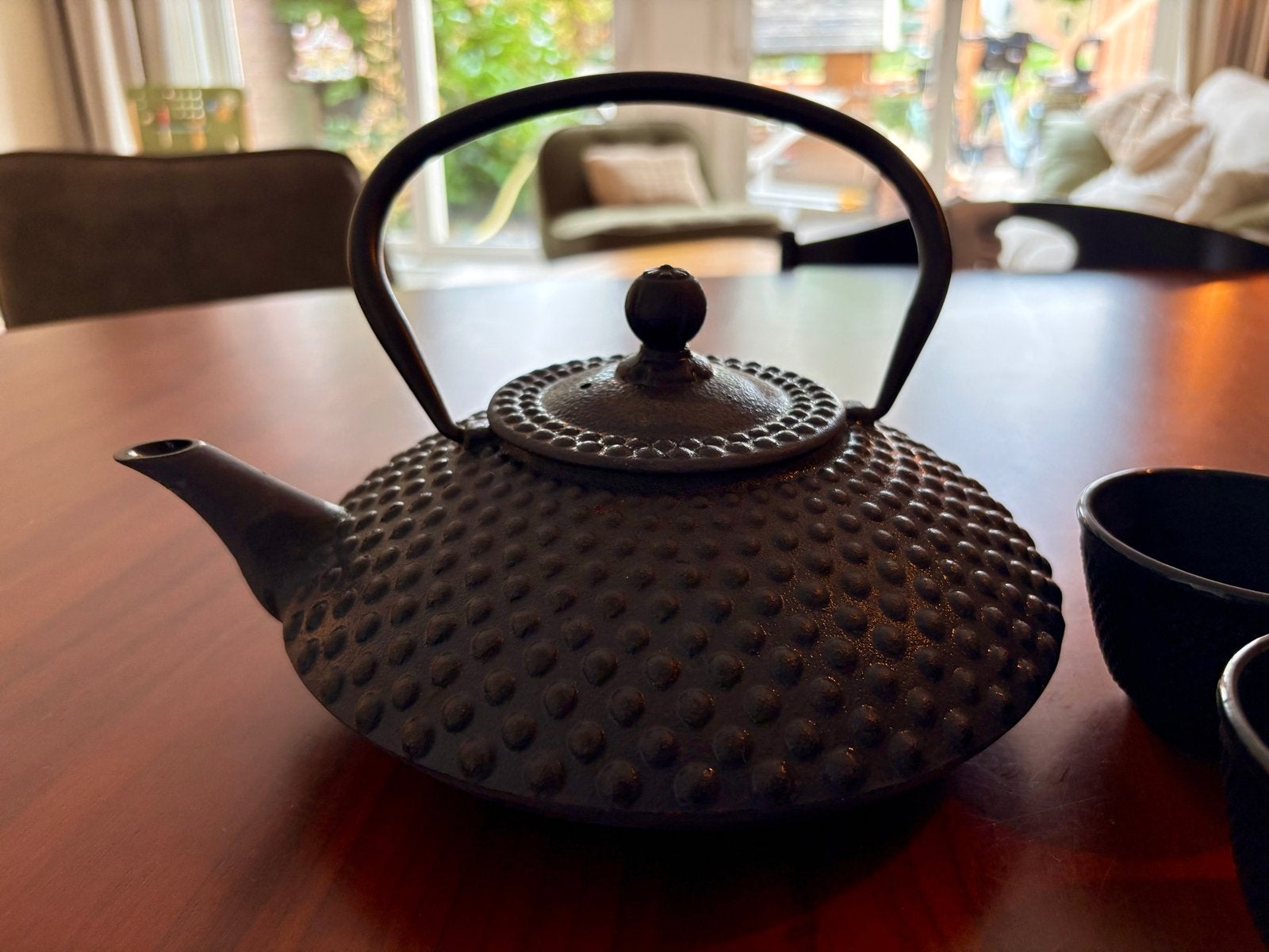 Japanse gietijzeren zware theepot met 4 theekopjes, Gebruikt, Bredemeijer, Zwart, Metaal