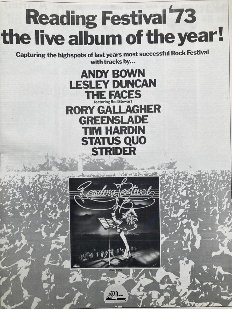 Paginagrote A3 advertentie READING FESTIVAL 1973 Rory Gallag, Ophalen of Verzenden, Zo goed als nieuw