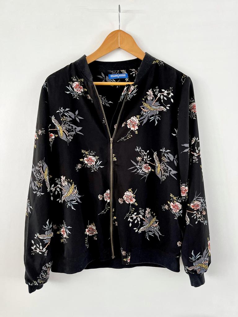 Zwart bomber jasje print bloemen vogels jack L 40 XL 42, Ophalen of Verzenden, Zo goed als nieuw, Maat 42/44 (L), Zwart
