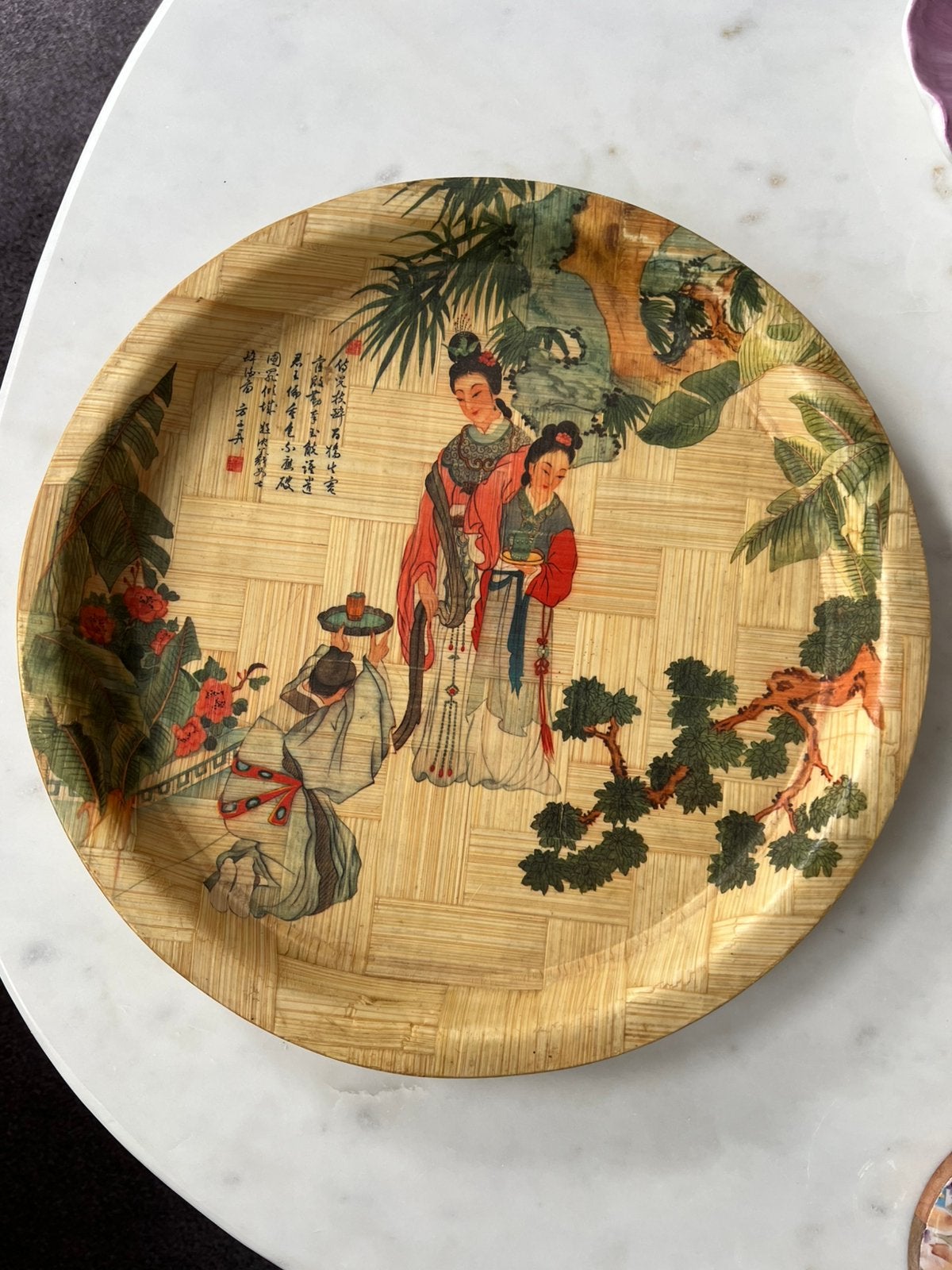 Chinees dienblad van gevlochten bamboe. The typsy dancer, Ophalen of Verzenden, Zo goed als nieuw, Rond, Hout