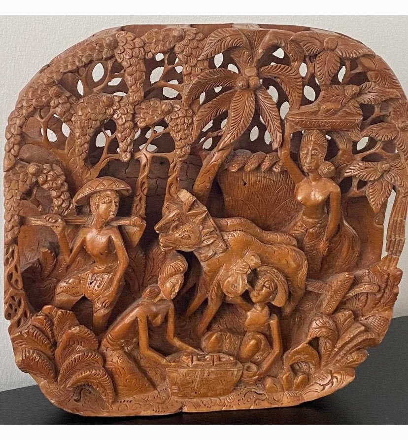Prachtig Houtsnijwerk Bali Indonesië 26x26 cm, Antiek en Kunst, Kunst | Beelden en Houtsnijwerken, Ophalen of Verzenden