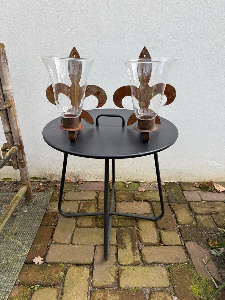 Set van 2 roestkleurige kandelaars met glazen windlicht, Ophalen, Gebruikt, Bruin, Metaal