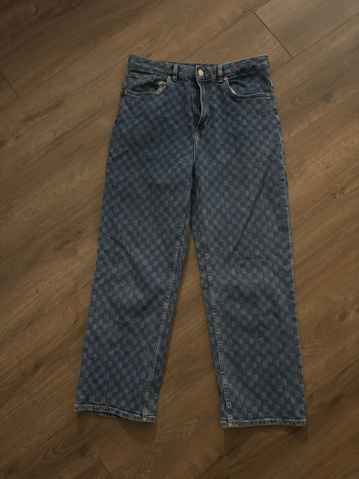 Monki High Waist Wijde Broek met Blokjespatroon - Maat XL, Blauw, Maat 46/48 (XL) of groter, Ophalen of Verzenden, Zo goed als nieuw
