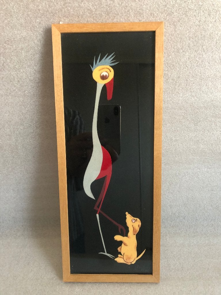 Vintage lijstje met kraanvogel met hond vilt ?, Ophalen of Verzenden, Gebruikt, Hout