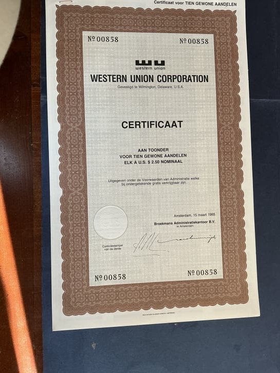 Certificaat Western Union Corporation - 1985, Verzenden, 1970 tot heden, Aandeel