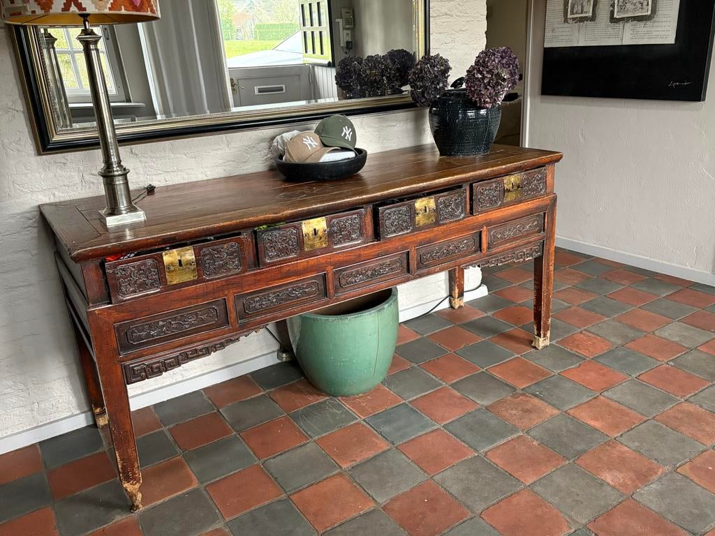 Antieke Chinese sidetable /wandtafel – 190 cm – handgesneden, Huis en Inrichting, Ophalen, Gebruikt, Chinees antiek handgesneden