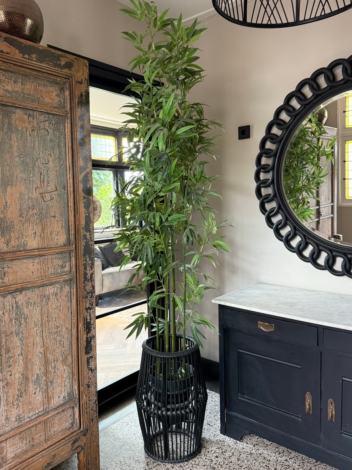 Prachtige grote kunstplant bamboe in Riverdale pot - 225 cm, Binnen, Groen, Kunstplant, Ophalen of Verzenden