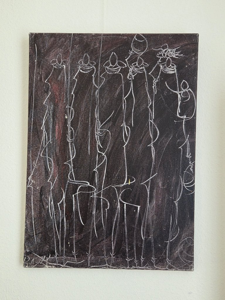 Sierlijk Modern-Afrikaans Kunstwerk "Masai" (50x70cm), Antiek en Kunst, Ophalen, Figuren, Handgeschilderd, Overige materialen