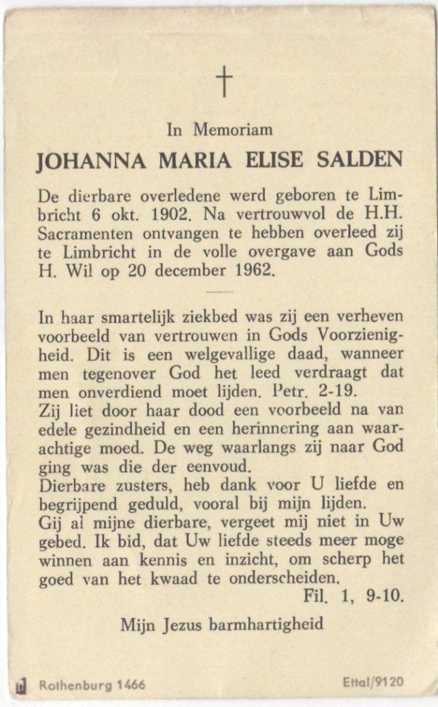 Johanna Maria E. Salden 1902 - 1962 Limbricht, 60 jaar oud, Ophalen of Verzenden