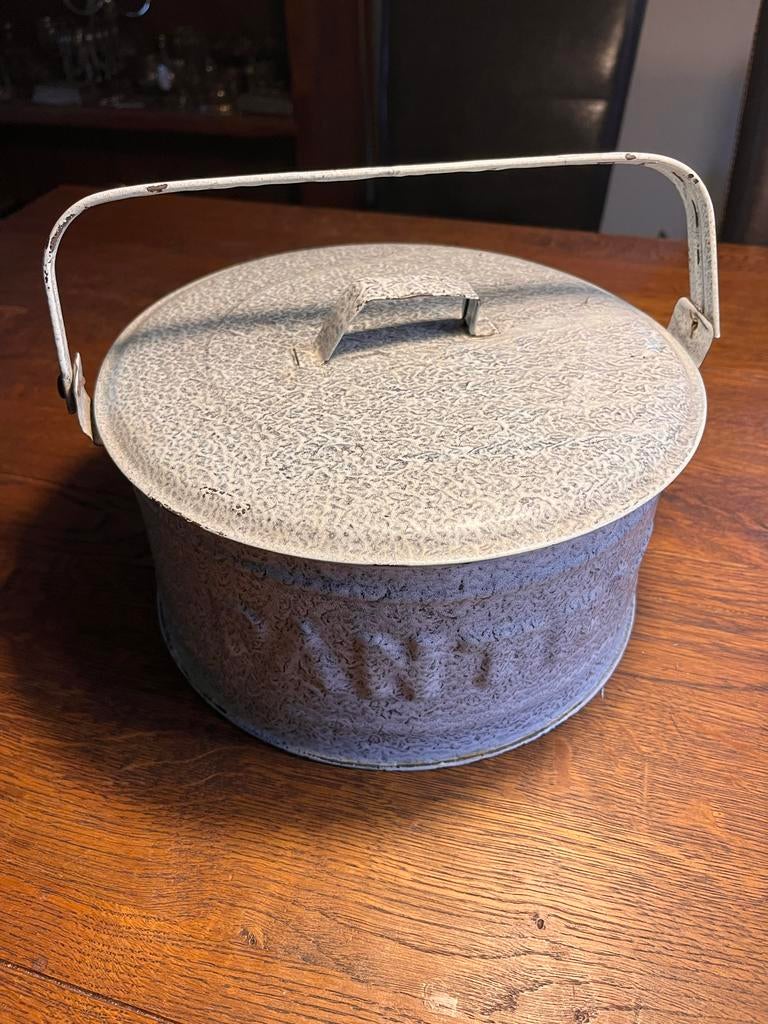 Grote grijze emaille voorraadtrommel dia 25 cm met hengsel, Ophalen of Verzenden
