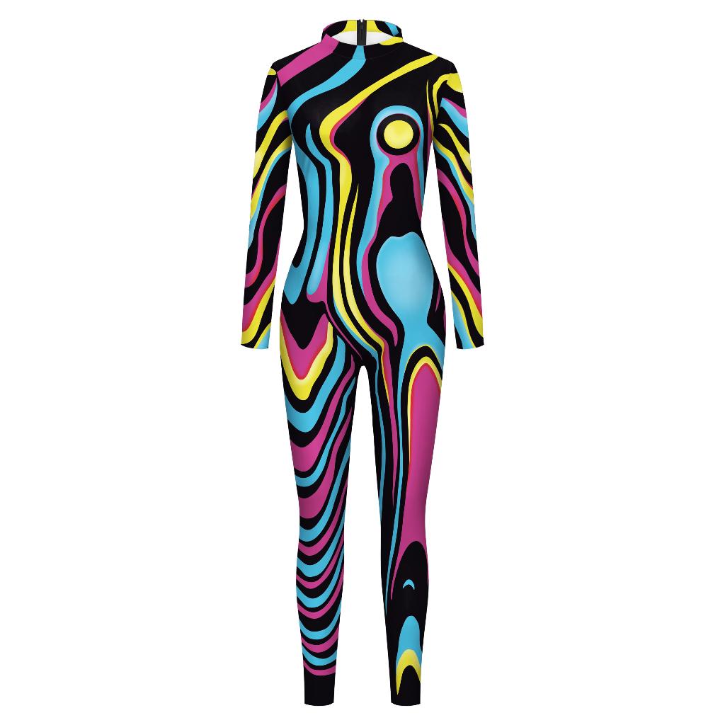 Dames catsuit 21 / bodysuit zwart paars blauw feest festival, Maat 38/40 (M), Verzenden, Nieuw, Overige thema's