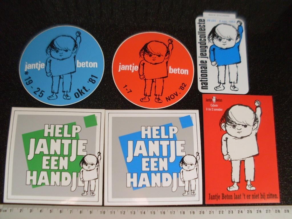 6x sticker nationale jeugd collecte jantje beton jaren 80, Verzamelen, Ophalen of Verzenden, Zo goed als nieuw, Bedrijf of Vereniging