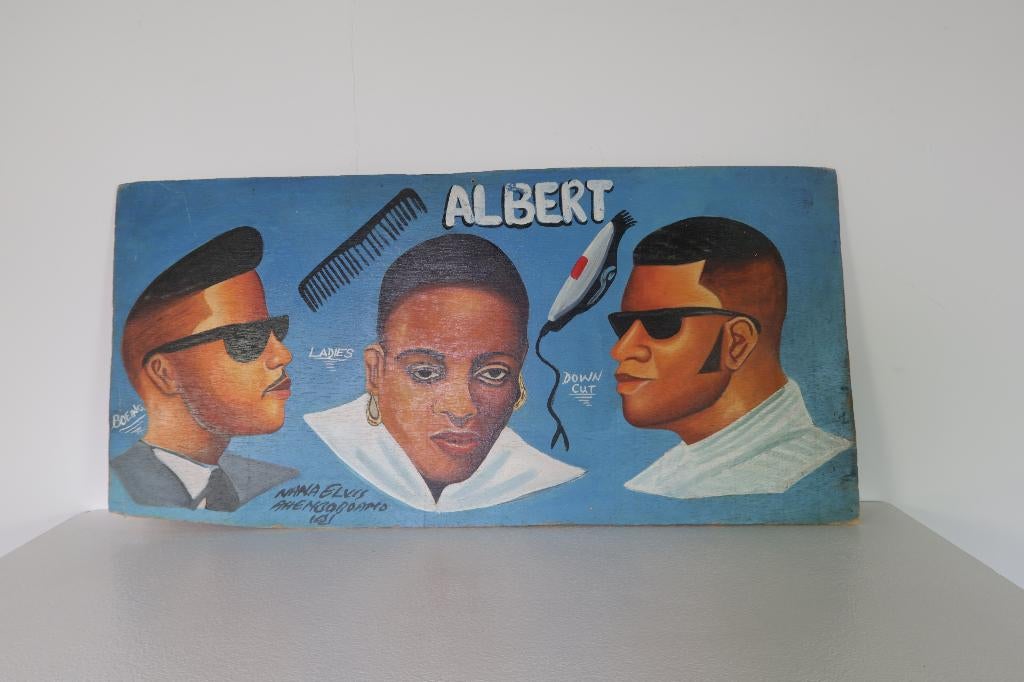 Vintage hand geschilderd kappers bord uit Ghana, jaren 80, Ophalen