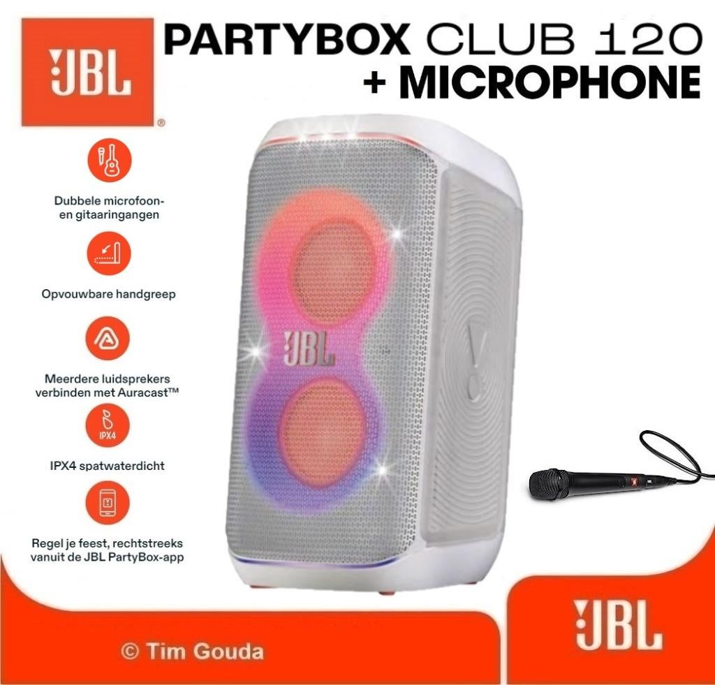 ✅ JBL Partybox Club 120 Wit + Microfoon - NIEUW, Ophalen of Verzenden, Nieuw, 120 watt of meer, JBL