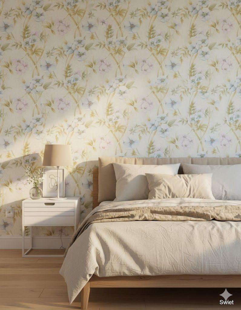 6938 Zacht blauw bloemenbehang met frisse groentinten swiet, Ophalen of Verzenden, 50 tot 75 m², Blauw