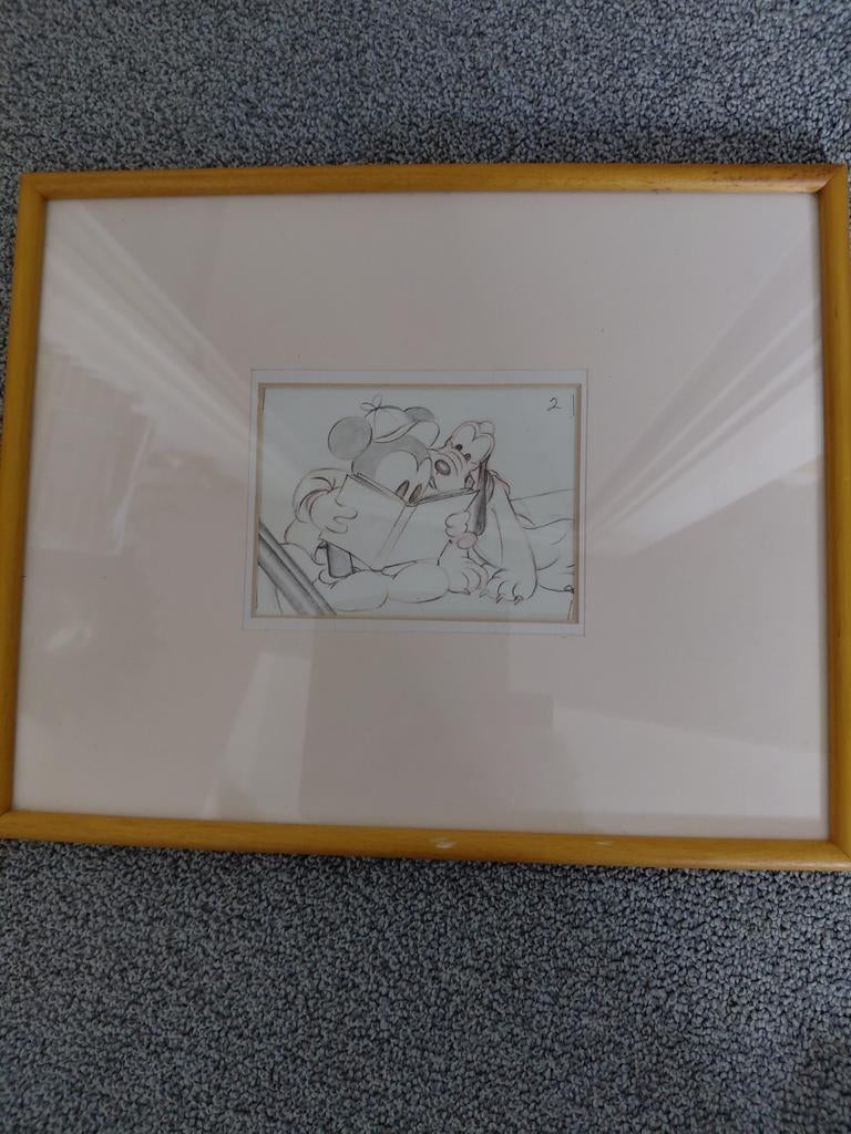 Mickey Mouse en Pluto Tekening in Lijst, Antiek en Kunst, Kunst | Tekeningen en Foto's, Ophalen of Verzenden
