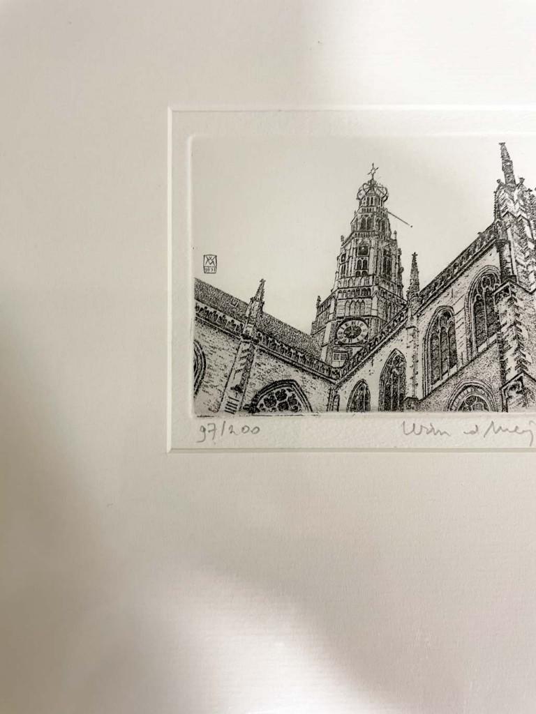 Haarlem Bavo kerk  - ets Wim van der Meij 1989, Antiek en Kunst, Kunst | Etsen en Gravures, Stadsgezicht, Gesigneerd, Ophalen of Verzenden