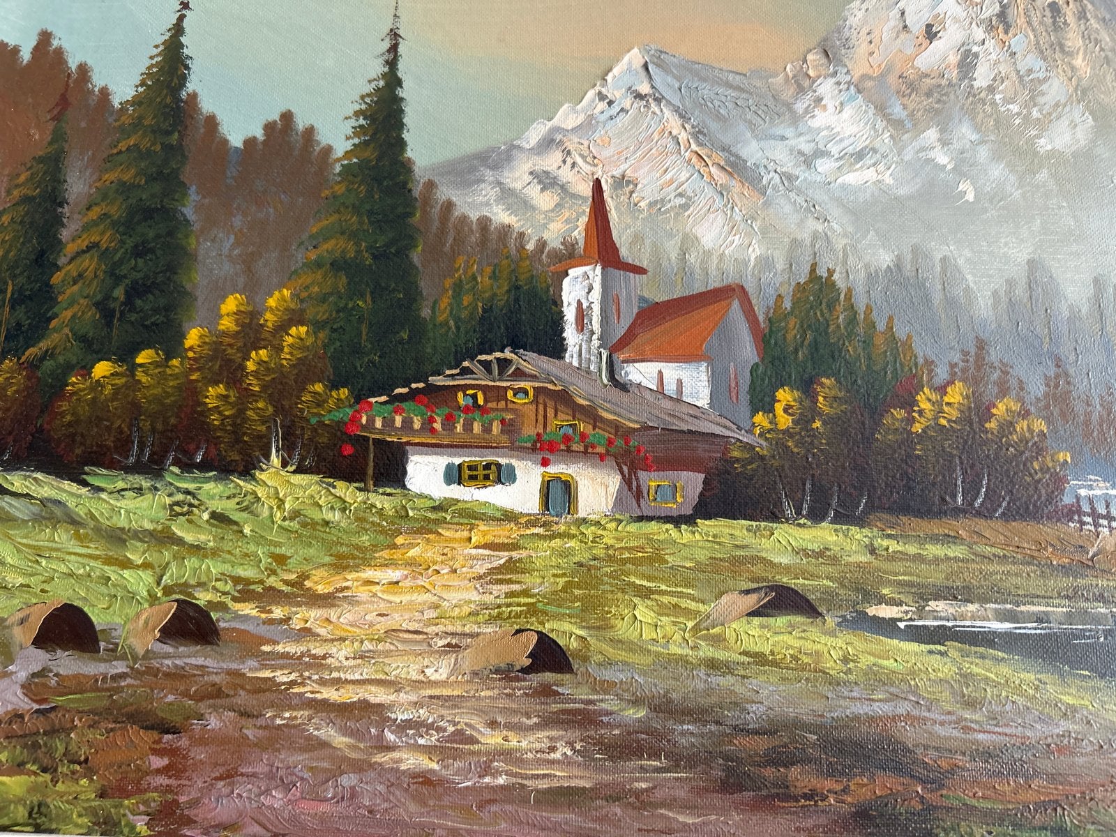 Schilderij Berglandschap met Kapel en Rivier, Antiek en Kunst, Kunst | Schilderijen | Klassiek, Doek, Realistisch, Ophalen of Verzenden