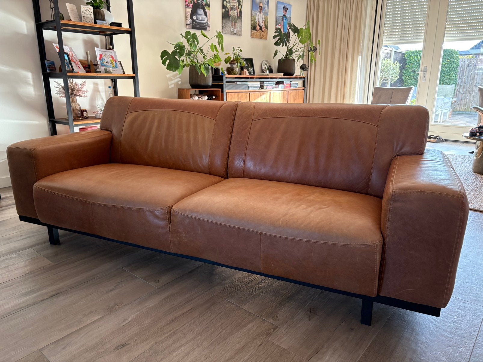 Bruin leren bank van De Bommel – 230 cm, Ophalen, Gebruikt, Driepersoons, Rechte bank