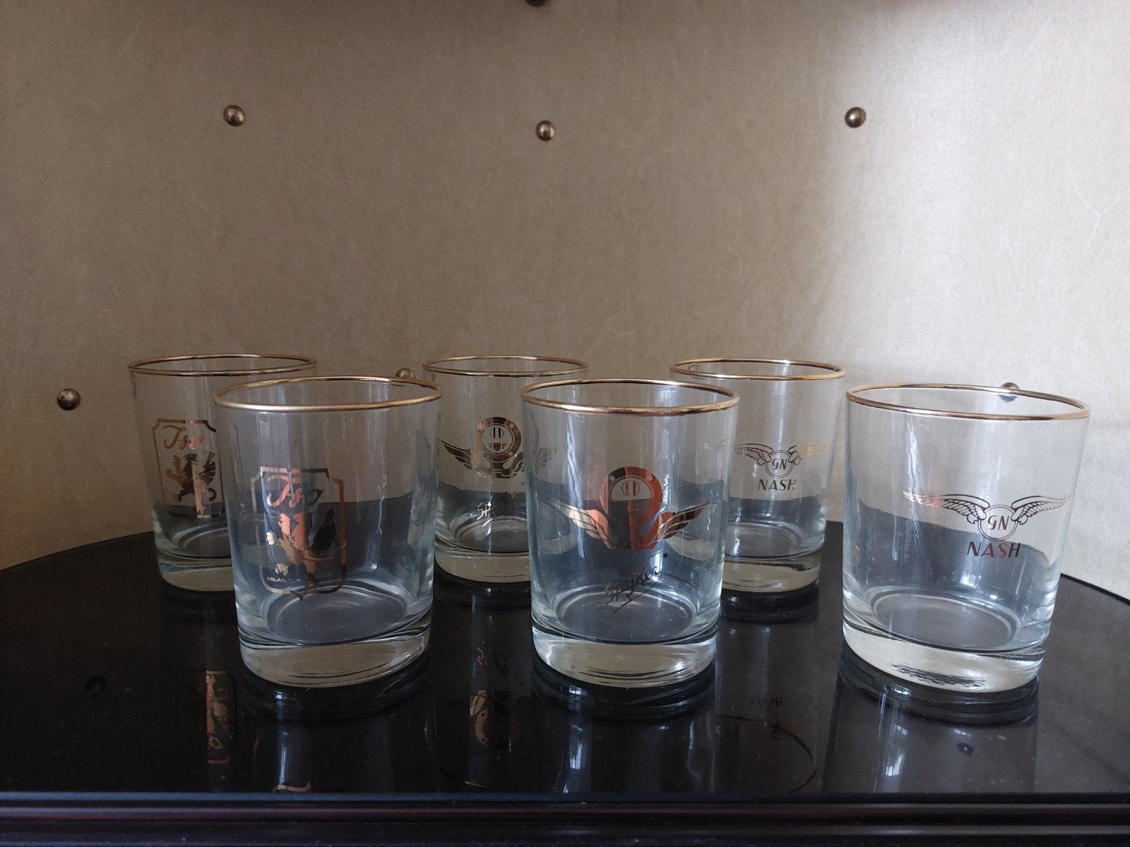 Set van 6 vintage glazen met gouden rand en logo, Antiek en Kunst, Antiek | Glas en Kristal, Ophalen of Verzenden