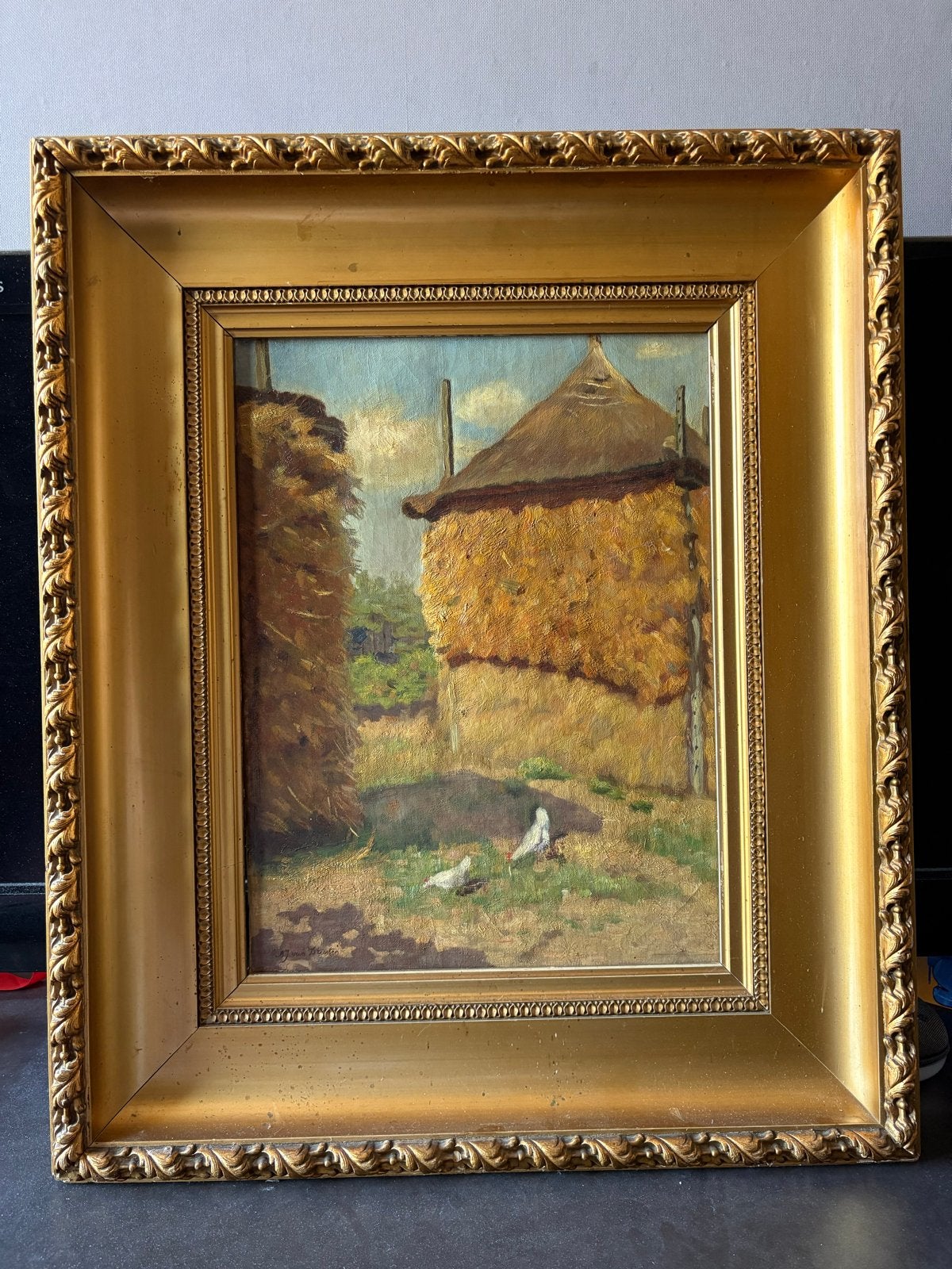 Olieverfschilderij: Hooiberg met eenden, gesigneerd, Ophalen of Verzenden