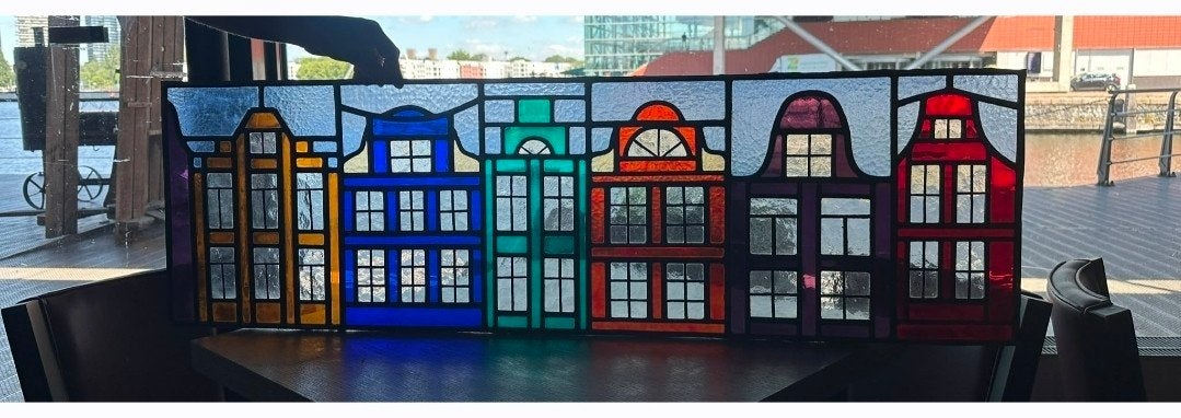 unieke trilogie Amsterdam ambachtelijke glas-in-loodpanelen, Ophalen of Verzenden