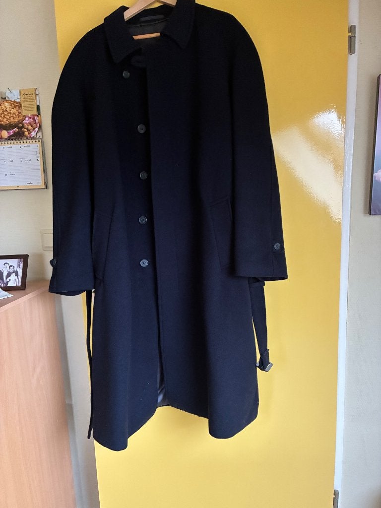 Lange donkerblauwe wollen heren jagersjas, Ophalen, Zo goed als nieuw, Maat 52/54 (L), Blauw