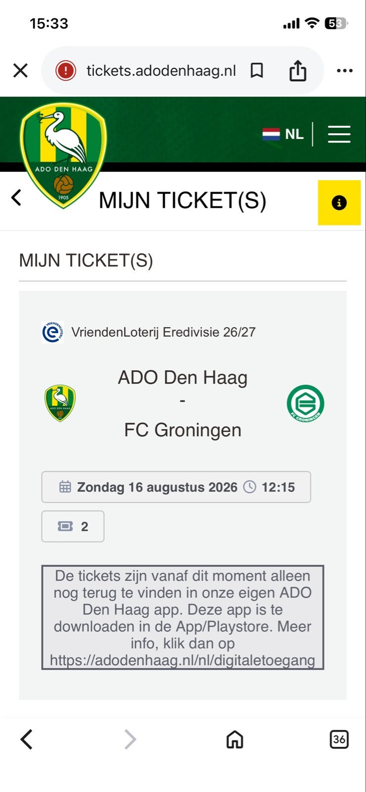 ADO vs FC Groningen ticket te koop, Eén persoon, Augustus