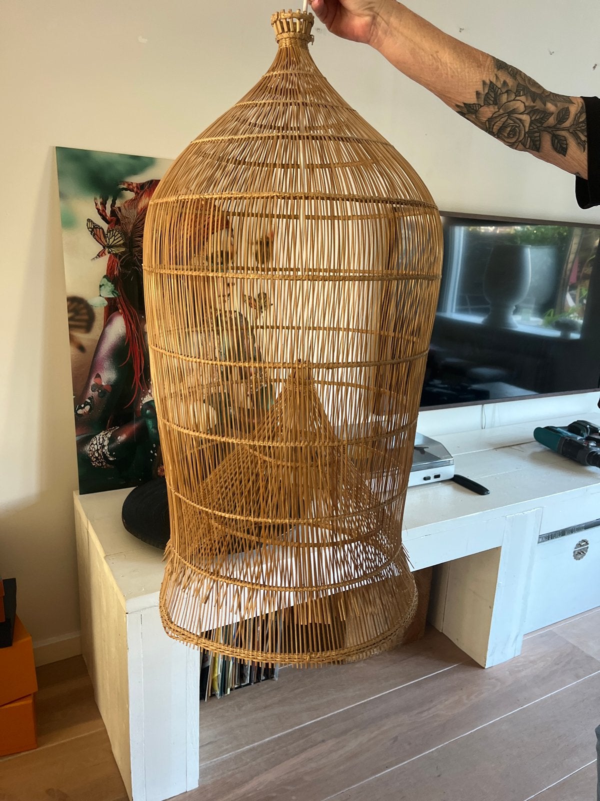Rotan hanglamp 85cm - visfuik model, Ophalen of Verzenden, Gebruikt, Natuurlijk materiaal