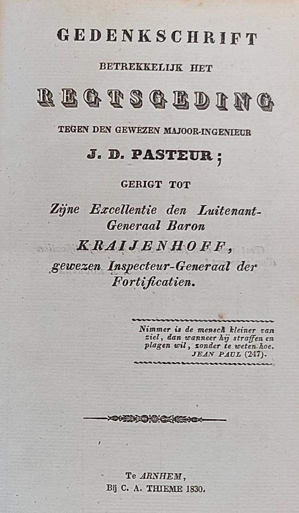 J. D. Pasteur - Gedenkschrift Regtsgeding - 1830 België, Gelezen, Jan David Pasteur (1783 - 1835), Ophalen of Verzenden, Landmacht