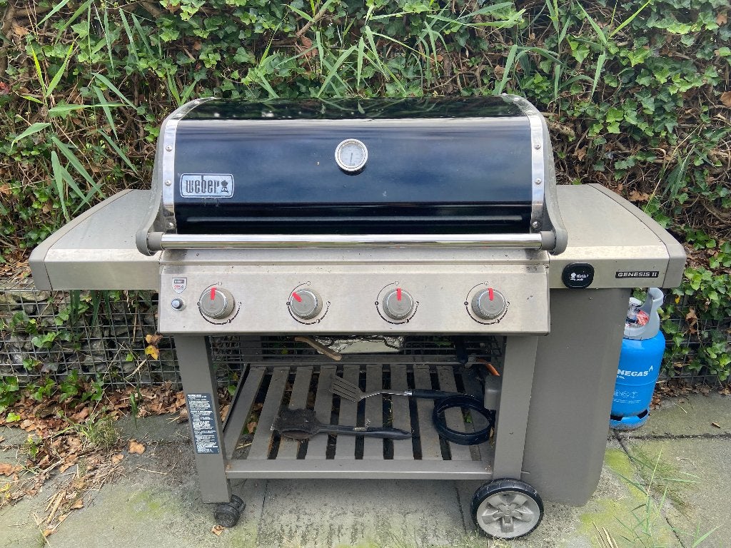 Weber Genesis II E-410 gas BBQ 4 branders +  volle gasfles, Ophalen, Gebruikt, Weber