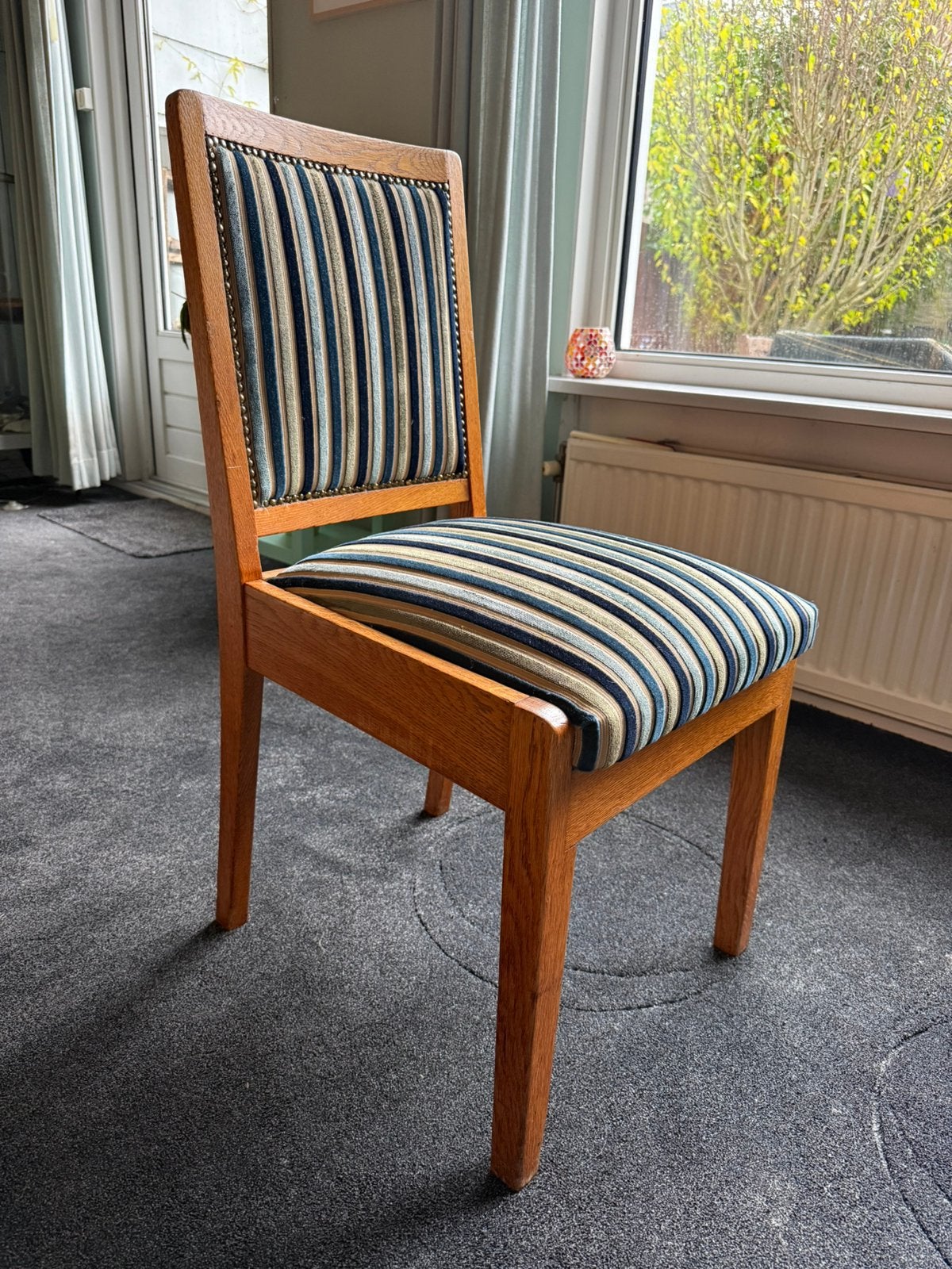 Vintage eikenhouten eetkamerstoelen (6 st.), Ophalen, Vintage, klassiek, Blauw, Zo goed als nieuw