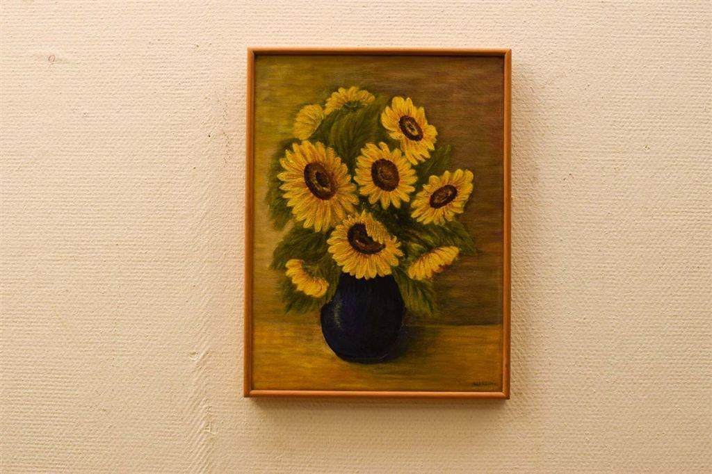 Schilderij van een vaas met zonnebloemen 45209, Minder dan 50 cm, Gebruikt, Ophalen of Verzenden, Schilderij