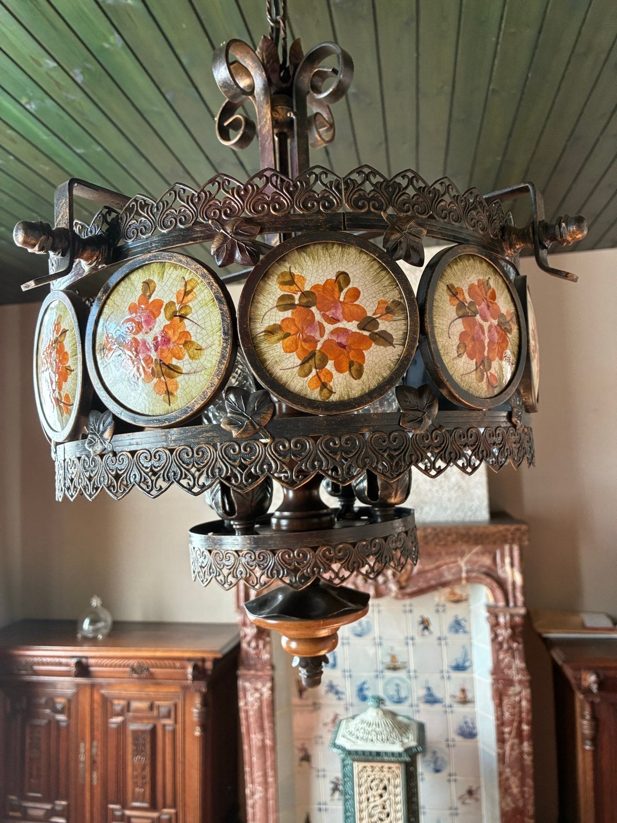 Antieke hanglamp met bloemmotief - Zeer mooie oude lamp, Ophalen