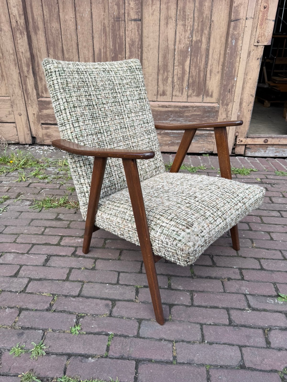 Vintage Teak fauteuil origineel wollen bekleding NURIGARAGE, Ophalen, Gebruikt, Minder dan 50 cm