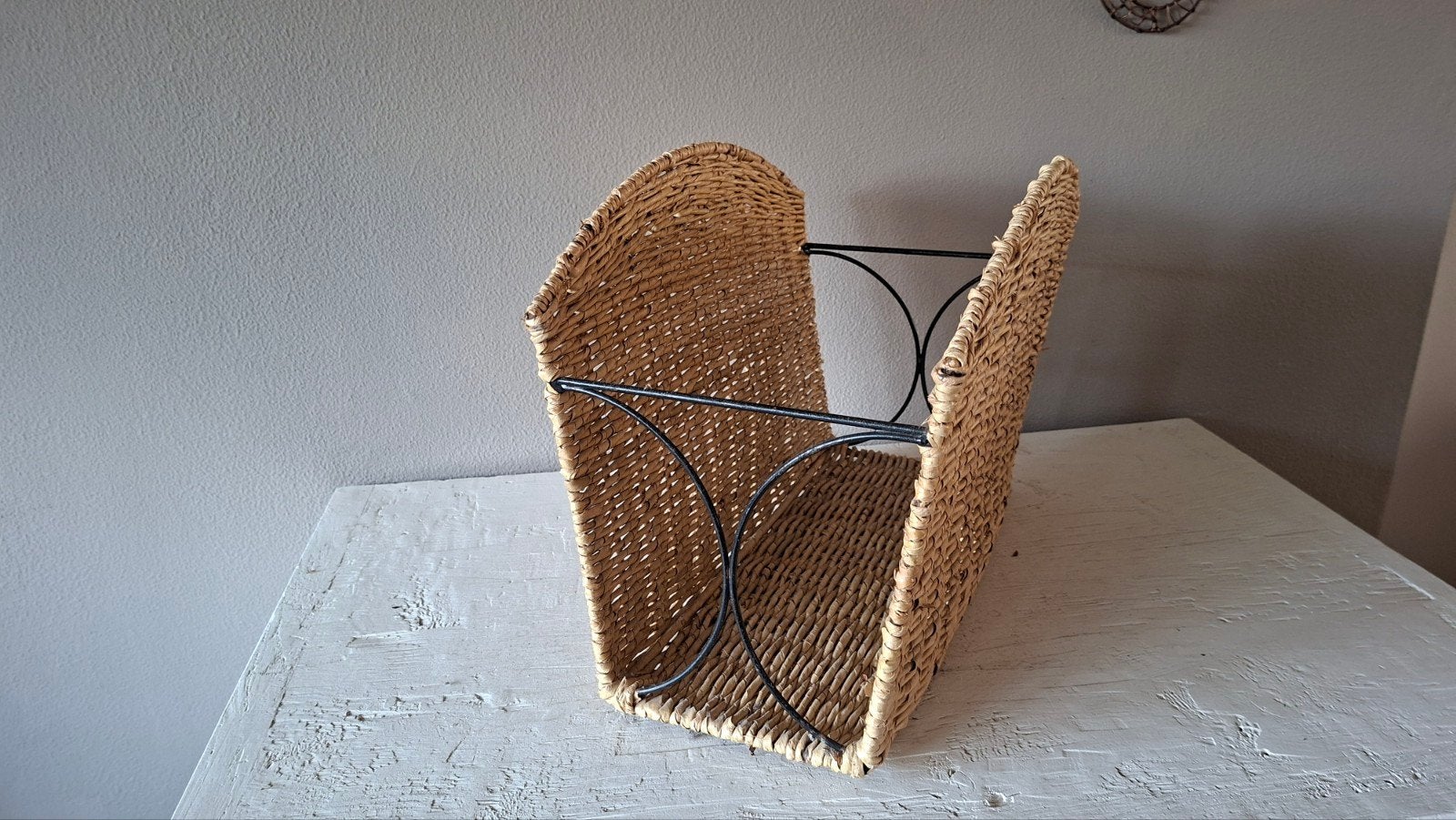Vintage Rotan Lectuurbak /Tijdschriftenrek met Metalen Frame, Gebruikt, Natuurlijk materiaal, Lectuurbak, Ophalen of Verzenden