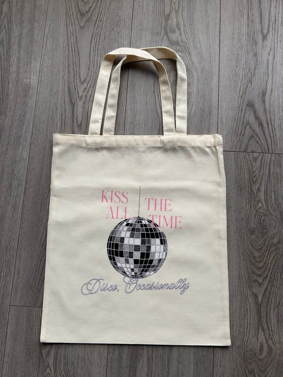Tote bag met disco bal print - Kiss All The Time, Ophalen of Verzenden, Gebruikt, Beige, Shopper